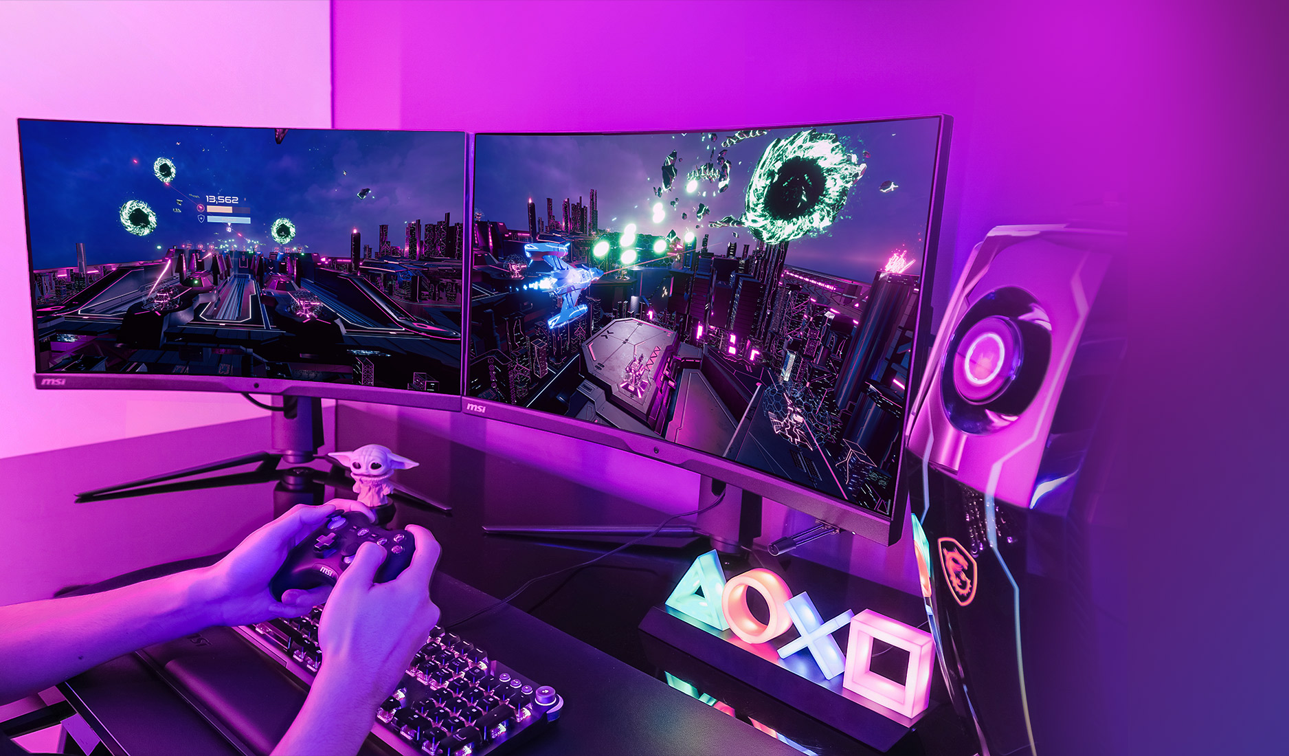 Gaming setup with RGB lighting and monitor
